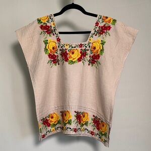 Vintage Floral Embroidered Linen Blouse, Size M